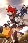  bag bicycle camisole choker coat gloves hat knight_messenger lowres messenger_bag messenger_knight open_mouth red_hair redhead short_hair shorts shoulder_bag solo sword_girls thigh-highs thighhighs yellow_eyes 