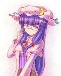  adjusting_glasses bangs bespectacled blunt_bangs book bow bust capelet crescent glasses graphite_(medium) hat highres light_smile long_hair mixed_media patchouli_knowledge purple_eyes purple_hair red-framed_glasses ribbon rough solo touhou traditional_media violet_eyes yuki_shizuku 
