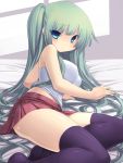  :&lt; bad_id bare_shoulders bed black_legwear black_thighhighs blue_eyes breasts female green_hair large_breasts legs long_hair looking_at_viewer lying miniskirt on_side original shiny shiny_skin shirt side_ponytail skirt solo thigh-highs thighhighs thighs tsukumiya_amane zettai_ryouiki 