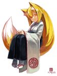  animal_ears fox_ears japanese_clothes kitsune_(kazenouta) long_hair orange_hair original sandals smile solo 