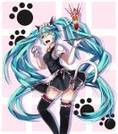  1girl animal_ears aqua_eyes aqua_hair bad_id bell cat_ears cat_tail enmaided food gloves hatsune_miku highres ice_cream jingle_bell long_hair maid maid_headdress open_mouth paparins paw_pose skirt sundae tail thigh-highs thighhighs tray twintails very_long_hair vocaloid wink 