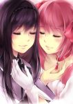  akemi_homura black_hair blush choker closed_eyes eyes_closed face gloves hairband hands kaname_madoka koumakan-maid light_smile magical_girl mahou_shoujo_madoka_magica multiple_girls pink_hair smile touching white_gloves yuri 