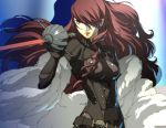  adult bodysuit epee hair_over_one_eye kirijou_mitsuru lipstick long_hair lowres makeup official_art persona persona_3 persona_4:_the_ultimate_in_mayonaka_arena rapier red_eyes red_hair redhead soejima_shigenori solo sword weapon 