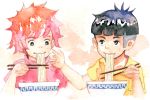  1girl child chopsticks food gake_no_ue_no_ponyo multiple_boys noodles ponyo ramen sosuke traditional_media unhai watercolor_(medium) 