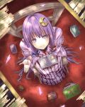 bad_perspective book bow chair crescent from_above gurasion_(gurasion) hair_bow hair_ornament highres indoors long_hair looking_at_viewer looking_up no_hat no_headwear open_hand patchouli_knowledge perspective petals purple_eyes purple_hair sitting solo touhou very_long_hair violet_eyes 