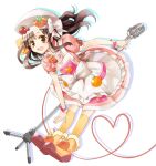  apron brown_eyes brown_hair cooking_idol_ai!_mai!_main! dress food_themed_clothes hat heart heart_of_string hiiragi_mine kneehighs leaning_forward microphone_stand mitsuk open_mouth simple_background smile solo yellow_legwear 