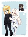  2girls ahoge androgynous binoculars black_hair blonde_hair boots chibi emiya_kiritsugu fate/stay_night fate/zero fate_(series) formal green_eyes hat highres ilchoh irisviel_von_einzbern long_hair multiple_girls no_hat no_headwear pant_suit pantyhose ponytail red_eyes reverse_trap saber suit thigh_boots thighhighs tomboy white_hair 