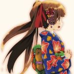  bai_himo_no_wo_suru_onna brown_eyes brown_hair character_request copyright_request errant flower hair_flower hair_ornament hair_ribbon hands_together japanese_clothes kaimono_wo_suru_onna kimono long_hair obi open_mouth ponytail profile ribbon simple_background smile solo 