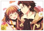 1girl ^_^ alvin_(tales_of_xillia) ayamisiro bow brown_hair closed_eyes coat couple cravat eyes_closed flower hair_ribbon hairband happy leia_roland open_mouth pink_rose ribbon rose short_hair tales_of_(series) tales_of_xillia yellow_rose 