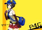  bag bare_shoulders belt black_hair blue_eyes chan_co choker elbow_gloves fingerless_gloves gloves hat highres mari_(persona) marie_(persona_4) messenger_bag necktie persona persona_4 persona_4_the_golden plaid plaid_skirt pleated_skirt safety_pin short_hair shoulder_bag skirt sleeveless sleeveless_shirt solo striped striped_gloves striped_legwear thigh-highs thighhighs 