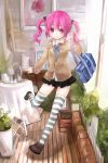  amy_(grand_chase) bag grand_chase highres leg_lift long_hair naive_(day) pink_eyes pink_hair ribbon school_bag school_uniform solo striped striped_legwear thigh-highs thighhighs twintails 