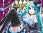  aqua_eyes aqua_hair bad_anatomy choker curtains elbow_gloves frills garter_straps gloves hatsune_miku kurone_kuroneko lolita_fashion long_hair lying skirt smile solo spoon thigh-highs thighhighs twintails vertical_stripes vocaloid 