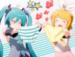  aqua_hair blonde_hair blush detached_sleeves fang hair_ornament hair_ribbon hairclip hatsune_miku heart holding holding_panties kagamine_rin multiple_girls necktie open_mouth panties ribbon short_hair smile star striped striped_panties tadahama twintails underwear vocaloid 