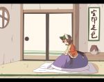  animal_ears bedroom brown_hair cat_ears cat_tail chen door ear_piercing futon girl_on_top hanging_scroll hat kuzugitsune_(inarikami) letterboxed multiple_tails piercing pillow shirt short_hair sign sitting sitting_on_person skirt skirt_set solo tail tatami touhou vase window 