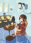 black_eyes brown_hair cable cafe copyright_request cup french_fries from_above headphones highres hooded_jacket light_smile looking_up mug multiple_girls nurutema shadow short_hair shorts sign sitting 