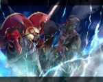  animal beard bull cape chain chariot dutch_angle electricity facial_hair fate/stay_night fate/zero fate_(series) gordius_wheel highres horns lightofheaven male red_eyes red_hair redhead rider_(fate/zero) short_hair solo sword weapon 