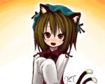  animal_ears blush brown_eyes brown_hair bust cat_ears cat_tail chen fang hands_together hat kuroya_kei looking_up multiple_tails open_mouth oversized_clothes short_hair signature sleeves_past_wrists smile solo tail touhou 