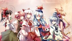  charlotte_(madoka_magica) crossover double_bun fujiwara_no_mokou hakurei_reimu ibara_kasen ibaraki_kasen japanese_clothes kamishirasawa_keine kariginu mahou_shoujo_madoka_magica mononobe_no_futo multiple_girls odd_one_out touhou toyosatomimi_no_miko yetworldview_kaze 