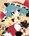  bad_id bat_wings blonde_hair blue_hair bow fang flandre_scarlet haru_(kyou) hat hat_ribbon heart hug multiple_girls open_mouth red_eyes remilia_scarlet ribbon shirt siblings sisters skirt skirt_set tongue tongue_out touhou wings 