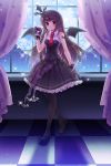  artist_request bangs bat_wings brown_hair character_request curtains dress frills glass gloves hairband long_hair markings mary_janes moon necktie pantyhose purple_hair ratise red_eyes shoes sion_flina smile solo source_request sword_girls tattoo window wings 