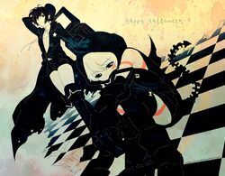  black_rock_shooter black_rock_shooter_(character) blue_background boots character_request checkered checkered_floor coat dutch_angle gradient gradient_background halloween happy_halloween hood kaze-hime multiple_girls nezumi_(no.6) no.6 ponytail shion_(no.6) shorts sitting strength_(black_rock_shooter) tail tattoo thigh-highs thigh_boots thighhighs weapon yellow_background 