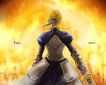  armor armored_dress blonde_hair dress excalibur fate/stay_night fate/zero fate_(series) faulds fire from_behind gauntlets hair_ribbon ribbon ririko_deluxe saber solo sword title_drop weapon 