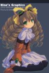  black_legwear bow brown_hair character_name cravat dress drill_hair genshi goggles goggles_on_head green_eyes grey_background hair_ribbon kneeling loafers long_hair maria_balthasar ribbon shoes smile solo title_drop xenogears 
