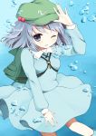  backpack bag blue_eyes blue_hair bubble dress hair_bobbles hair_ornament hand_on_hat hands hat kawashiro_nitori key open_\m/ open_mouth outstretched_hand purin_jiisan randoseru short_hair smile solo touhou twintails underwater wink 