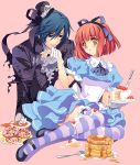  1girl alice_(wonderland) alice_(wonderland)_(cosplay) alice_in_wonderland aqua_dress black_hair blue_eyes blush bow butter butterknife cake carnelian commentary_request cosplay couple cup doughnut dress food fork fruit gloves hair_bow hair_ribbon hat ichinose_tokiya licking mad_hatter mad_hatter_(cosplay) mary_janes mini_top_hat multicolored_eyes nanami_haruka pancake ribbon saucer shoes short_hair simple_background spill strawberry striped striped_legwear tea teacup thigh-highs thighhighs tongue top_hat uta_no_prince-sama white_gloves 