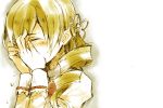  blonde_hair blush closed_eyes covering covering_face drill_hair eyes_closed face kutsuwada_on mahou_shoujo_madoka_magica school_uniform simple_background solo tears tomoe_mami white_background yellow 