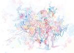  24_(24phage) abstract blonde_hair bob_cut brown_eyes bubble flower hand_on_face hand_on_own_face nude original pale_color pale_colors pastels petals ribbon short_hair solo standing tears 