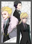  2boys ahoge bad_id black_hair blonde_hair cape fate/stay_night fate/zero fate_(series) formal gilgamesh green_eyes jewelry lancer_(fate/zero) long_hair mole multiple_boys nd_(nodie) pant_suit ponytail red_eyes saber suit yellow_eyes 