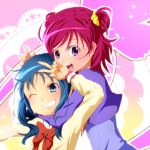  2girls blue_eyes blue_hair bow grin happy heartcatch_precure! highres hug hug_from_behind keito_(kandnext) kurumi_erika long_hair multiple_girls pink_hair precure purple_eyes ribbon short_hair short_twintails smile twintails two_side_up v violet_eyes wink yes!_precure_5 yumehara_nozomi 