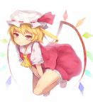  ascot between_legs between_thighs bowed_wings flandre_scarlet gomibox2021 hand_between_legs hat red_eyes short_hair side_ponytail simple_background skirt skirt_set smile solo the_embodiment_of_scarlet_devil touhou v_arms wings 