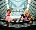  blonde_hair blue_eyes boots breasts brown_eyes brown_hair crossed_legs from_below headphones lens_flare lily_(vocaloid) long_hair meiko multiple_girls short_hair sitting skirt smile tadahama thigh_boots thighhighs vocaloid 