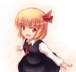  ascot blonde_hair hair_ribbon highres looking_at_viewer open_mouth outstretched_arms red_eyes ribbon rough rumia short_hair smile solo spread_arms the_embodiment_of_scarlet_devil touhou youkai yuki_shizuku 