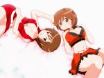  breasts brown_eyes brown_hair cleavage from_above lying meiko midriff multiple_girls naughty_face navel sakine_meiko short_hair skirt smile tadahama time_paradox vocaloid 