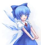  blue_eyes blue_hair blush_stickers bow cirno colored_eyelashes dress graphite_(medium) hair_bow hands_clasped highres ice ice_wings interlocked_fingers looking_at_viewer mixed_media open_mouth ribbon rough short_hair smile solo stretch touhou traditional_media wings yuki_shizuku 
