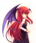  bat_wings brown_eyes demon_tail from_behind graphite_(medium) head_wings highres koakuma long_hair looking_at_viewer looking_back mixed_media orange_eyes pointy_ears red_hair redhead rough solo tail the_embodiment_of_scarlet_devil touhou traditional_media very_long_hair wings yuki_shizuku 