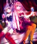  breasts cleavage cup dress elbow_gloves gloves hatsune_miku holding_hands long_hair megurine_luka multiple_girls orange_legwear pantyhose pink_hair purple_hair red_legwear sitting smile strapless_dress suminosumire thigh-highs thighhighs twintails very_long_hair vocaloid wine_glass 