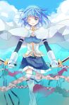  adgjl armband blue_eyes blue_hair cape dual_wielding gloves magical_girl mahou_shoujo_madoka_magica miki_sayaka short_hair smile solo soul_gem sword thigh-highs thighhighs weapon wink witch&#039;s_labyrinth witch's_labyrinth zettai_ryouiki 