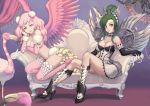  2girls arm_garter bare_shoulders bird black_gloves boots bra breasts chin_rest choker cleavage colored_eyelashes couch crown curtains detached_sleeves dress elbow_gloves feathered_wings flamingo fur gears gloves green_eyes green_hair hair_ornament high_heels highres jewelry knee_boots legs lingerie lipstick long_hair makeup mechanical_wings multiple_girls necklace original pearl_necklace pink_bra pink_flamingo pink_hair pink_legwear ponytail shoes short_dress sitting smile thigh-highs thighhighs underwear wings yellow_eyes 