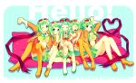  boots child-box clone goggles goggles_on_head green_eyes green_hair gumi megpoid_(vocaloid3) multiple_girls multiple_persona shoes short_hair sitting skirt smile thigh-highs thigh_boots thighhighs vocaloid wink 