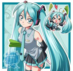  >_< 1girl :d ahoge aqua_background aqua_eyes aqua_hair aqua_necktie aqua_trim arms_behind_back bare_shoulders black_boots black_skirt black_sleeves blush_stickers boots border breasts chibi closed_mouth cowboy_shot detached_sleeves dual_wielding food grey_shirt hair_between_eyes hatsune_miku headset highres holding holding_food holding_spring_onion holding_vegetable leaning_forward light_blush long_hair looking_at_viewer matatabi_dango medium_breasts multiple_views necktie number_tattoo open_mouth pleated_skirt shirt shoulder_tattoo skirt sleeveless sleeveless_shirt smile solo spring_onion tattoo thigh_boots twintails vegetable vocaloid white_border xd 