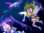  angry boots caffein constricted_pupils crazy crescent_moon dumbbell goggles goggles_on_head green_hair gumi kamui_gakupo long_hair male moon pale_eye ponytail purple_hair scared shaded_face sharp_teeth short_hair skirt tears vocaloid 