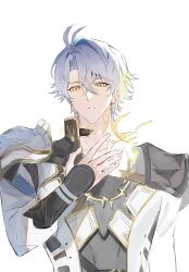  1boy antenna_hair arm_guards armor backlighting belt black_choker black_shirt brown_belt chest_belt choker coat collarbone crossed_bangs diamond-shaped_pupils diamond_(shape) fire grey_hair hair_between_eyes hand_on_own_chest hand_up highres honkai:_star_rail honkai_(series) long_sleeves looking_at_viewer male_focus neck_tattoo phainon_(honkai:_star_rail) phainon_(khaslana)_(honkai:_star_rail) shirt short_hair shoulder_armor sifrzy simple_background solo sun_symbol sun_tattoo symbol-shaped_pupils tattoo teeth upper_body white_background white_coat yellow_eyes 