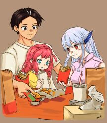 1boy 2girls aqua_eyes artist_name bag black_eyes black_hair braid brown_background burger chicken_nuggets crown_braid cup dipping disposable_cup double-parted_bangs drink drinking_straw drinking_straw_in_mouth english_commentary exit_(brush_whip) fast_food food french_fries hair_between_eyes hair_ornament happy_meal holding holding_cup holding_food long_hair long_sidelocks mato_seihei_no_slave multiple_girls ookawamura_nei paper_bag popped_collar red_eyes shirt short_hair short_sleeves sidelocks signature simple_background sitting sitting_on_lap sitting_on_person sleeveless sleeveless_shirt smile t-shirt tissue tissue_box two_side_up upper_body uzen_kyouka wakura_yuuki white_shirt yoru_mac 
