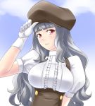  gloves hat idolmaster large_breasts long_hair red_eyes shijou_takane shougi_(116) silver_hair solo 
