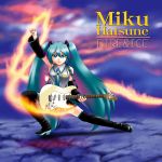  album aqua_hair azusa_yukimasa blue_eyes blush_stickers cover detached_sleeves fire fist guitar hatsune_miku highres instrument parody thigh-highs thighhighs twintails vocaloid yngwie_malmsteen 