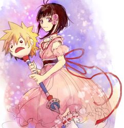  arm_garter bad_id bangs belt black_hair blonde_hair blunt_bangs brown_hair choker dress flat_chest hair_ornament jewelry koku_666 kyle_dunamis open_mouth pendant pink_dress purple_background purple_eyes reala ribbon short_hair sketch smile spiked_hair staff tales_of_(series) tales_of_destiny_2 tales_of_graces thighhighs white_legwear 